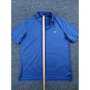 STITCH Men’s Polo Shirt Size L Blue Striped Short Sleeve Embroidered Bird Logo